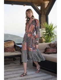 Monamise Ethnic Patterned Belted Viscose Dress 2495 Black