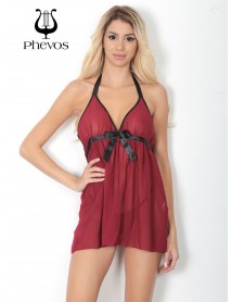 Phevos Decollete Transparent Fancy Nightgown Burgundy 012-000156