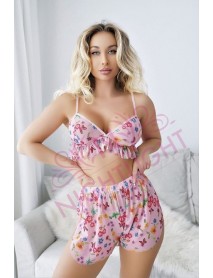 NightLight Flower Patterned Pink Tulle Shorts Set 1072
