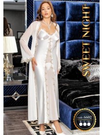 White Long Satin Tulle 3 Piece Nightgown Set Sweet Night 6602