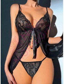 NightLight Lace Mini Nightgown with Lace Slit on the Chest Black 7007