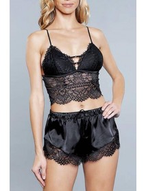 For Dreams Satin Bralette Bra Shorts Set Black 8299