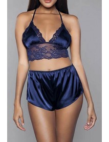 For Dreams Satin Bralette Bra Shorts Set Navy Blue 8308