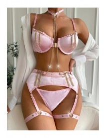 For Dreams Chain Decorated Satin Look Pink Garter Set 8424