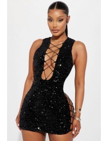 For Dreams Sequined Fancy Black Mini Dress 8484