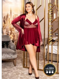 Red Big Size Satin Nightgown Dressing Gown Set Sweet Night 8804