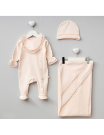 PUGI GIRL 0-3 MONTHS EMBROIDERED BLANKET OVERALLS SET 9121