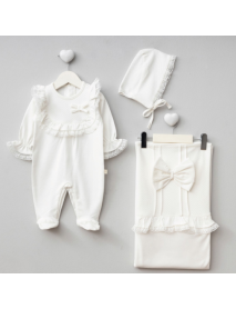 PUGI GIRL 0-3 MONTHS JACQUARD BLANKET OVERALLS SET 9123