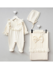 PUGI GIRL 0-3 MONTHS JACQUARD BLANKET OVERALLS SET 9125