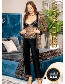 Black Leopard Patterned 3-Piece Nightgown Set Sweet Night 9214