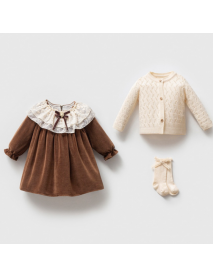 NOYNOY GIRL 3-6 MONTHS KNITWEAR CARDIGAN VELVET DRESS SET 9304