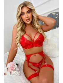 Ruselin 5 Piece Red Chic Elegant Open Women Lace Fantasy Garter Set Ruselin RS027