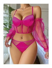 Fuchsia Tulle Detail Special Nightgown Set Bralette Set Ruselin RS046