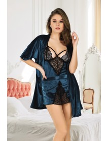 Sistina Lace Velvet Petrol Blue Nightgown Dressing Suit 1393 