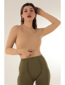 DoReMi Long Sleeve Square Collar Wick Crop sweatshirt-002-000109 camel-sdf