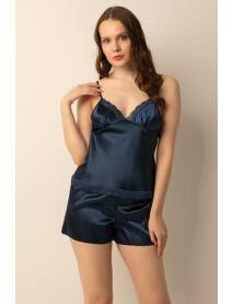 DoReMi Satin Adjustable Strap Lace Detail Shorts Set 002-001053 Navy Blue