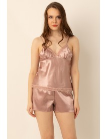 DoReMi Satin Adjustable Strap Lace Detail Shorts Set 002-001053 Salmon