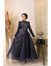 Piennar Efsun Evening Dress with Lace-up Back - Navy Blue