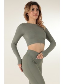 02-000106 DoReMi Long Sleeve Crew Neck Ribbed Crop Khaki