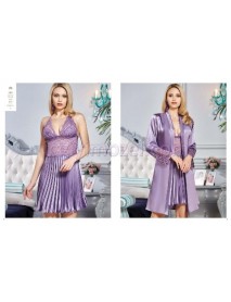 Jeremi Satin Duo Short Pleated Nightgown Dressing Gown Suit 2821