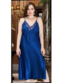 Jeremi Plus Size 2-Piece Long Satin Lace Nightgown Dressing Gown Set 3250