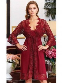 Jeremi Combed Cotton 6-Piece Lace Nightgown Dressing Gown Set  800 Burgundy