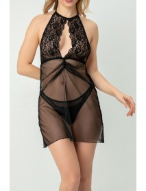 Phevos Lace Detailed Low-cut Nightgown Set 012-010059